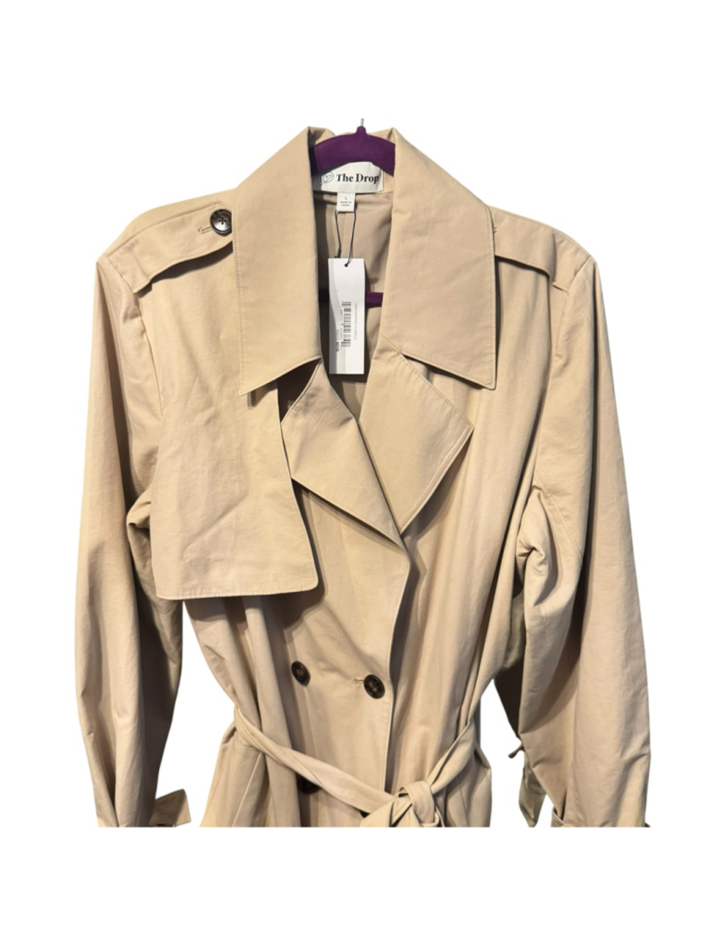 Size L The Drop Noa Beige Classic Double Breasted Lightweight Long Trench Coat - Picture 2 of 7